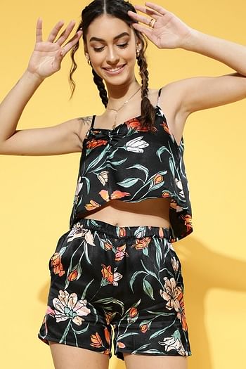 Front listing image for Pretty Florals Crop Top & Shorts Set in Black - Satin	