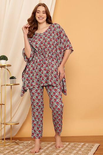 Back listing image for Pretty Florals Kaftan Top & Pyjama Set in Sky Blue - Rayon