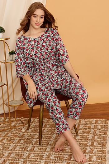 Front listing image for Pretty Florals Kaftan Top & Pyjama Set in Sky Blue - Rayon