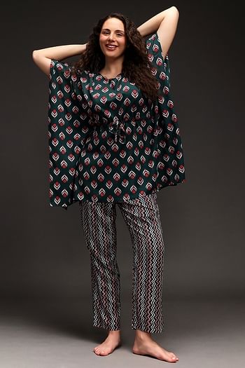 Front listing image for Pretty Printed Kaftan Top & Pyjama Set in Teal Green - Rayon