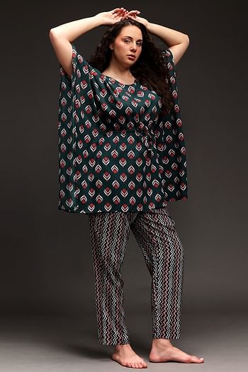 Back listing image for Pretty Printed Kaftan Top & Pyjama Set in Teal Green - Rayon