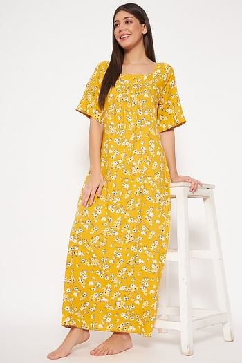Front listing image for Pretty Florals Long Nighty in Yellow - Rayon