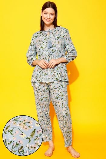 Front listing image for Pretty Florals Peplum Top & Pyjama Set in Powder Blue - Rayon