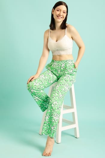 Clovia Pretty Florals Pyjama in Seafoam Green - 100% Cotton