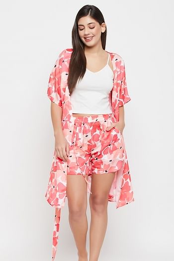 Front listing image for Pretty Florals Robe & Shorts in Red - Satin