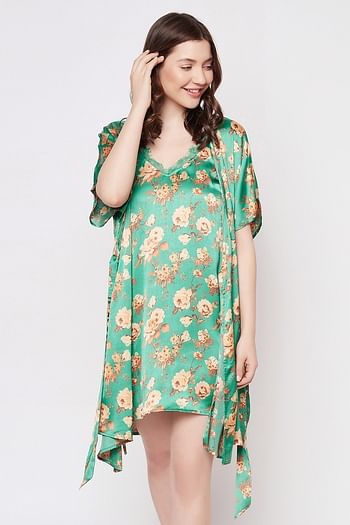 Back listing image for Pretty Florals Short Night Dress & Robe Set in Green - Satin	