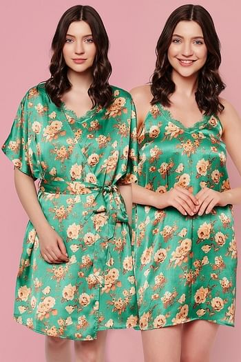 Front listing image for Pretty Florals Short Night Dress & Robe Set in Green - Satin	