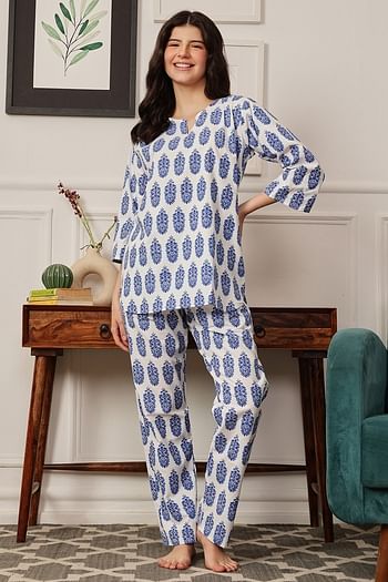 Front listing image for Pretty Florals Top & Pyjama in White - 100% Cotton