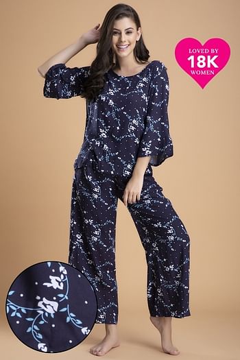 Front listing image for Pretty Florals Top & Pyjama Set in Blue - Rayon