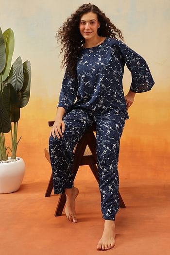 Front listing image for Pretty Florals Top & Pyjama Set in Blue - Rayon