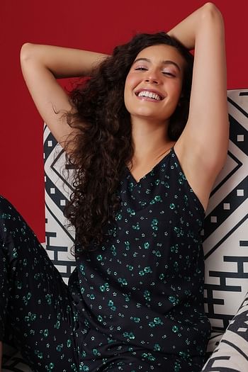Front listing image for Pretty Florals Cami Top & Pyjama Set in Navy - Rayon	