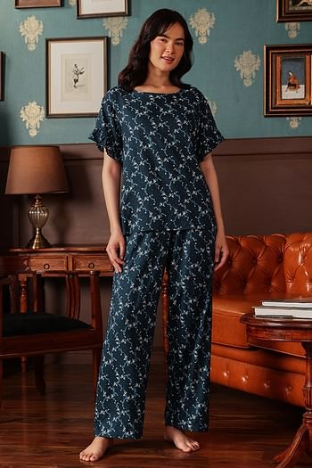 Front listing image for Pretty Florals Top & Pyjama Set in Teal Blue - Rayon