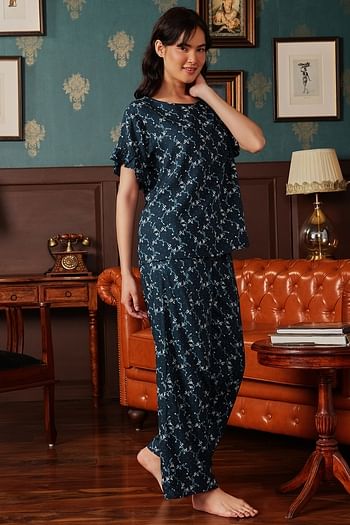 Back listing image for Pretty Florals Top & Pyjama Set in Teal Blue - Rayon