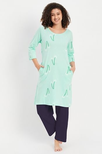 Front listing image for Pretty Florals Tunic Top in Sky Blue & Chic Basic Pyjama in Navy