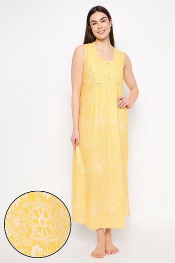 Front listing image for Print Me Pretty Long Nighty in Yellow - Rayon