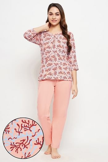 Front listing image for Print Me Pretty Top & Chic Basic Pyjama in Peach Colour - 100% Cotton