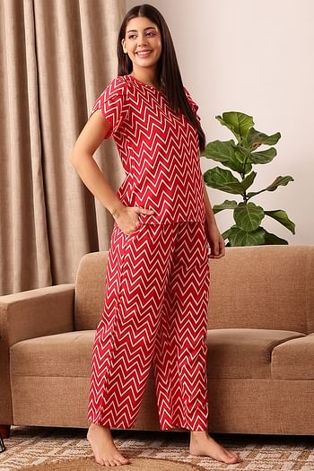 Back listing image for Chevron Print Top & Pyjama Set in Red - Rayon