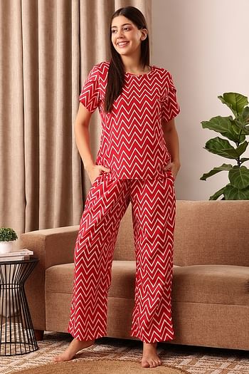 Front listing image for Chevron Print Top & Pyjama Set in Red - Rayon