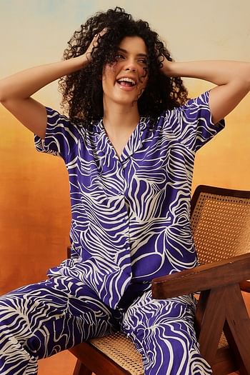 Front listing image for Printed Button Down Shirt & Pyjama Set in Royal Blue - Rayon	