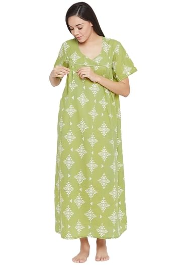 Back listing image for Printed Feeding Long Night Dress in Light Green - 100% Cotton	