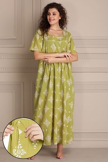 Front listing image for Printed Feeding Long Night Dress in Light Green - 100% Cotton	