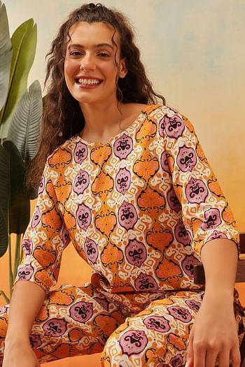 Front listing image for Printed Top & Pyjama Set in Multicolour - Rayon