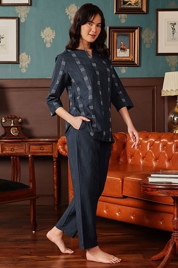 Back listing image for Printed Top & Pyjama Set in Navy - Cotton