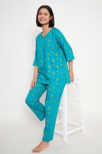 Front listing image for Printed Top & Pyjama Set in Turqouise - Rayon