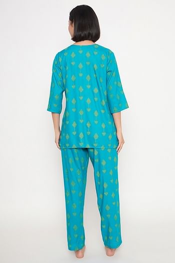 Back listing image for Printed Top & Pyjama Set in Turqouise - Rayon