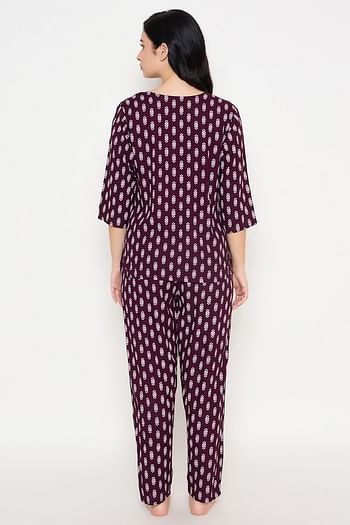 Back listing image for Printed Top & Pyjama Set in Wine Colour- Rayon
