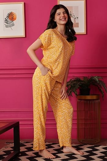 Back listing image for Printed Top & Pyjama Set in Yellow- Rayon