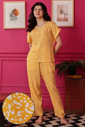 Front listing image for Printed Top & Pyjama Set in Yellow- Rayon