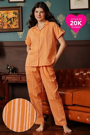 Front listing image for Sassy Stripes Button Down Shirt & Pyjama in Rust Orange - Cotton