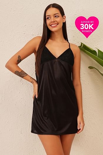 Front listing image for Chic Basic Backless Babydoll in Black - Satin