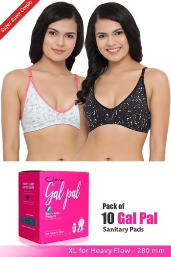 Clovia Set of 2 Everyday Bra & Pack of 10 Gal Pal Pads - XL
