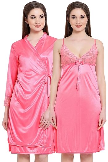 Back listing image for Short Night Dress & Full Sleeves Robe Set in Pink - Satin