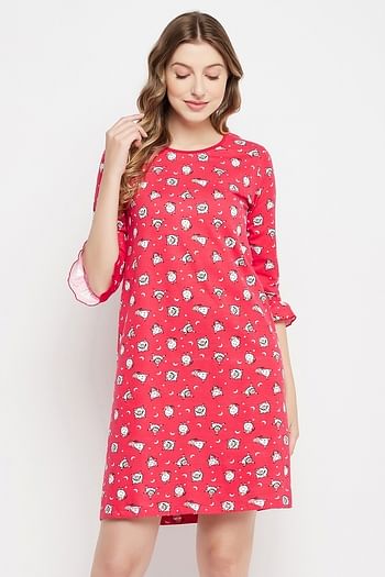 Front listing image for Sheep Print Short Night Dress in Red - 100% Cotton
