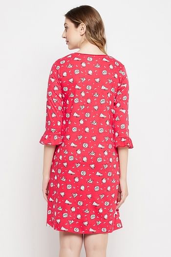 Back listing image for Sheep Print Short Night Dress in Red - 100% Cotton