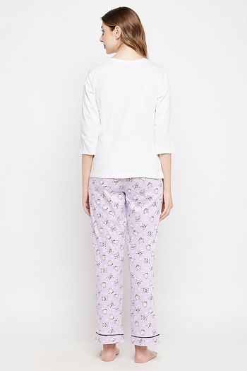 Back listing image for Sheep Print Top in White & Pyjama in Lilac - 100% Cotton