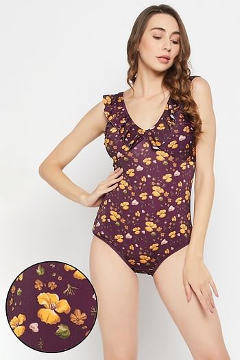 Front listing image for Padded Floral Print Monokini in Plum Colour