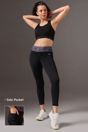 Front listing image for High Rise Active Tights in Black with Printed Waistband with Side Pocket