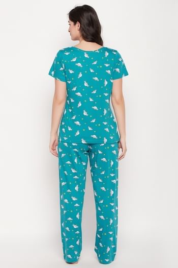 Back listing image for Spaceship Print Top & Pyjama Set in Teal Blue - 100% Cotton