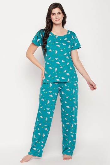Front listing image for Spaceship Print Top & Pyjama Set in Teal Blue - 100% Cotton