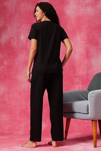 Back listing image for Text Print T-shirt & Chic Basic Pyjama Set in Black - Cotton