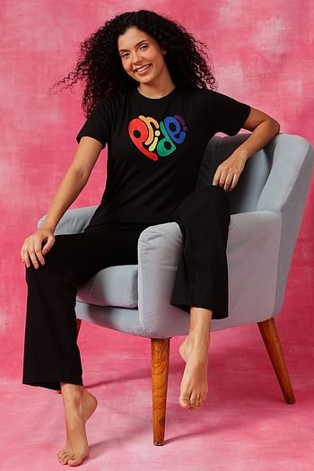 Front listing image for Text Print T-shirt & Chic Basic Pyjama Set in Black - Cotton