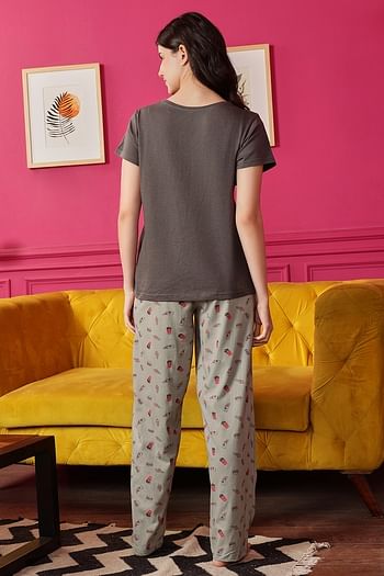 Back listing image for Text Print Top & Printed Pyjama Set in Dark Grey - 100% Cotton