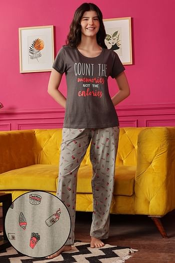 Front listing image for Text Print Top & Printed Pyjama Set in Dark Grey - 100% Cotton
