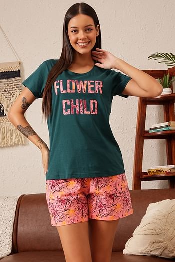 Front listing image for Floral Print Top & Shorts Set in Peach Colour - Cotton Rich	