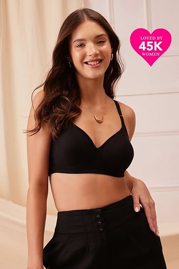 Front listing image for Non-Padded Non-Wired Full Coverage T-shirt Bra in Black - Cotton