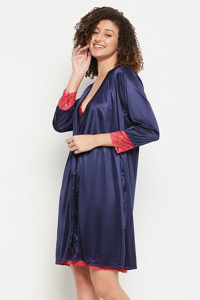 Buy 2 PCS SATIN NIGHTWEAR SET IN blue - SHORT ROBE & NIGHTIE 